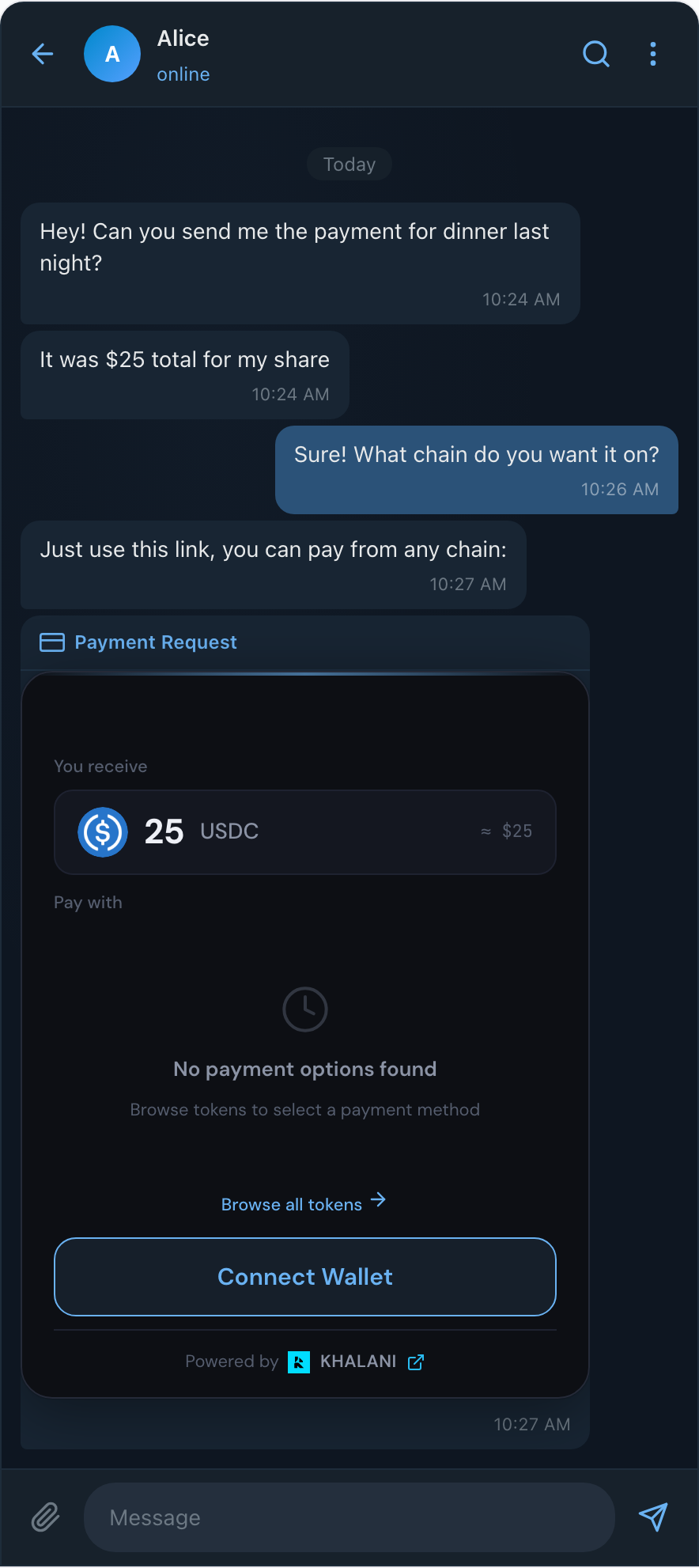 Chat app with embedded payment request widget