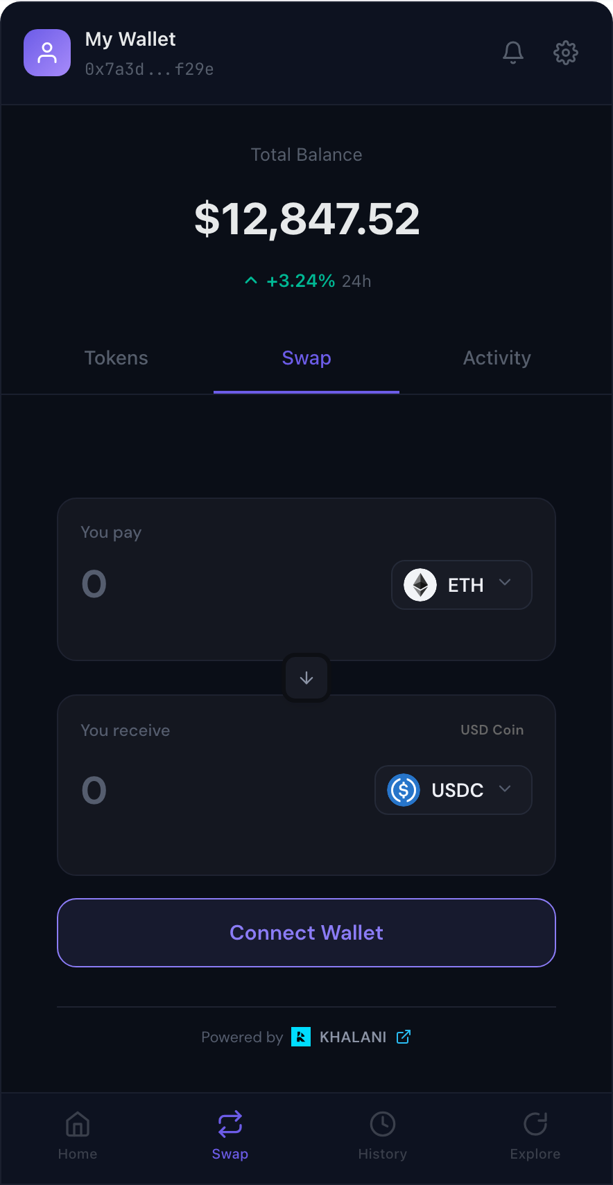 Wallet app with embedded cross-chain swap tab